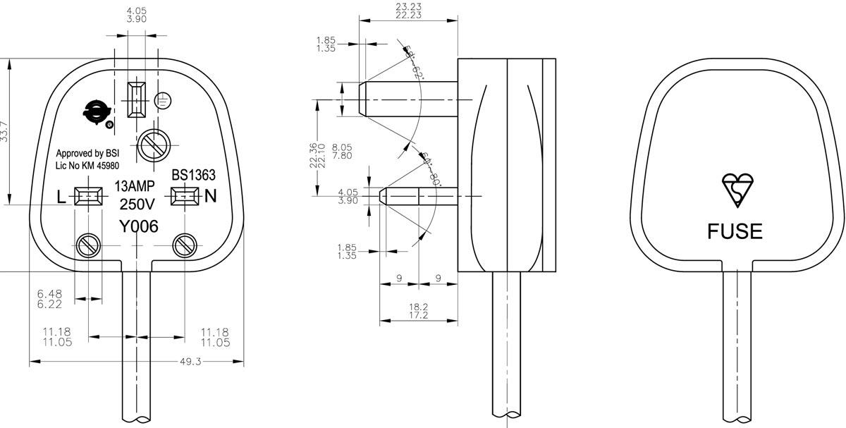 BS 1363 Fuse Plug UK Power Cord Drawing