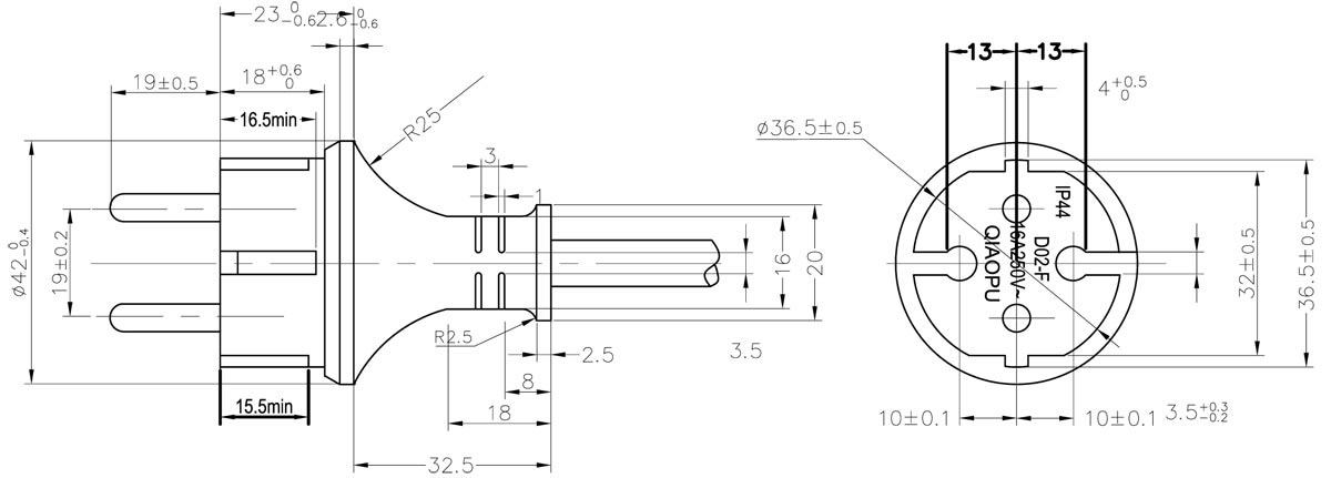 CEE 7/17 IP44 Schuko German Plug Drawing