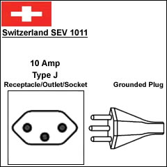 Switzerland SEV 1011 10 Amp 3 prong power cord plug