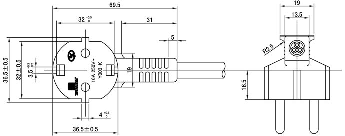 Korean 16A Plug Electric Power Cord Drawing